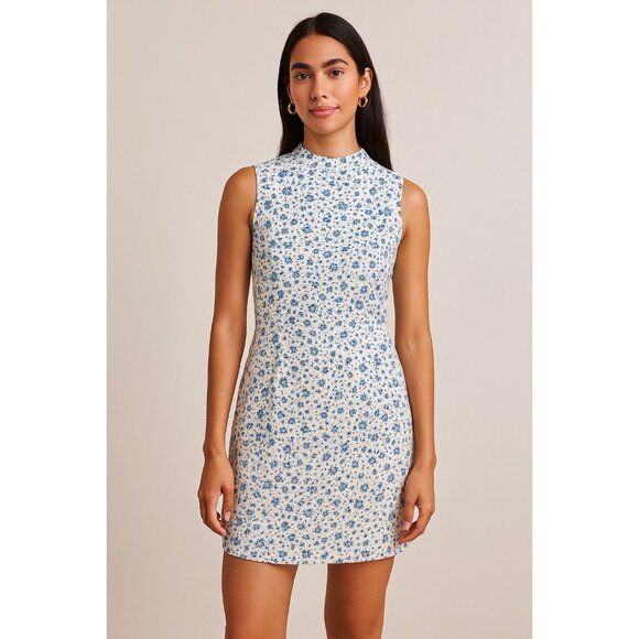 Brooks Brothers Red Fleece Blue Floral Sheath Dress Size 4 Cotton Mod High Neck - Picture 1 of 8